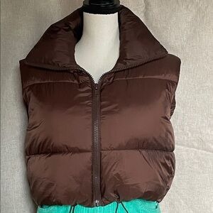 Puffer Vest Women Girls Cropped Quilted Top Brown Jacket Sleeveless Zip Vest